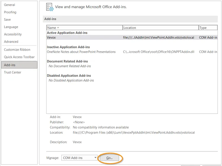 Deshabilitar complementos en PowerPoint