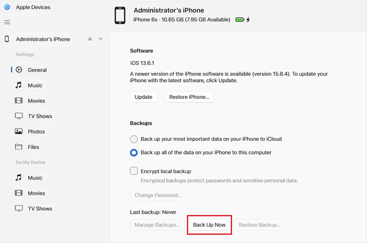 Appleデバイスアプリを使用してアップデートする前にiPhoneをバックアップする
