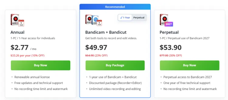 le prix de l'enregistreur d'écran Bandicam