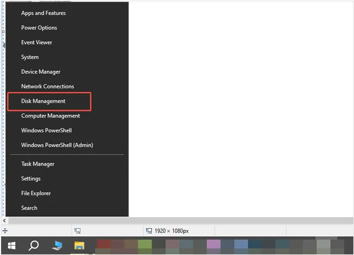 click start and choose disk management