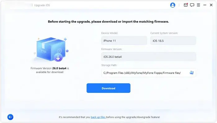 选择所需的 iOS 版本,然后点击下载以获取固件文件