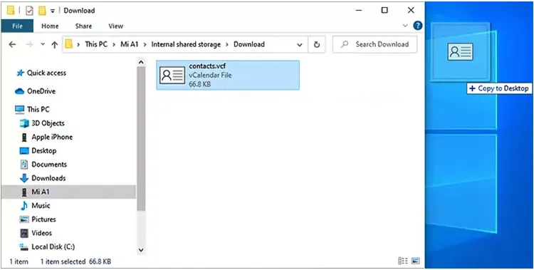 arrastre y arrastre el archivo vcf desde Android a la PC