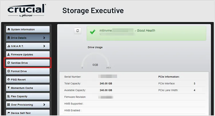 erase crucial ssd with storage executive