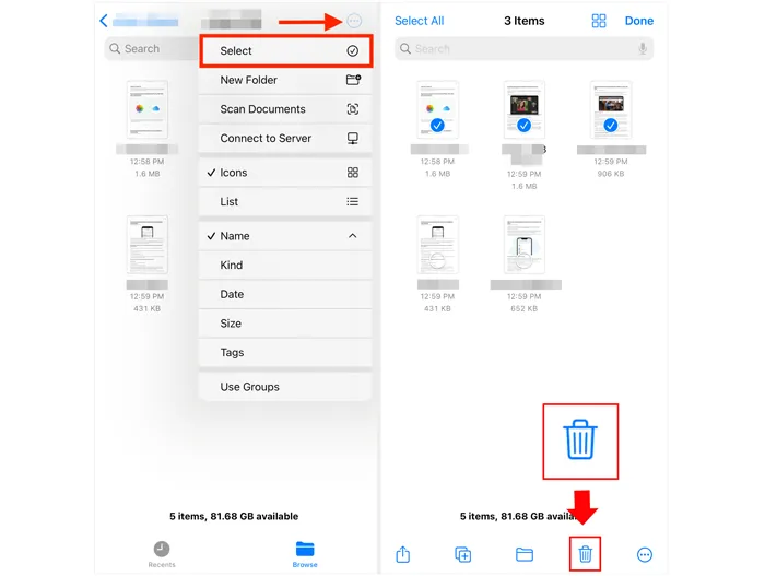 select and delete files from the files app