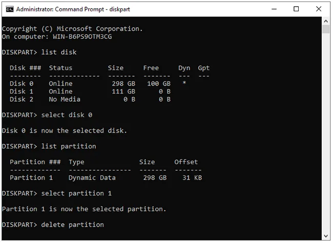 clean a disk partition with cmd