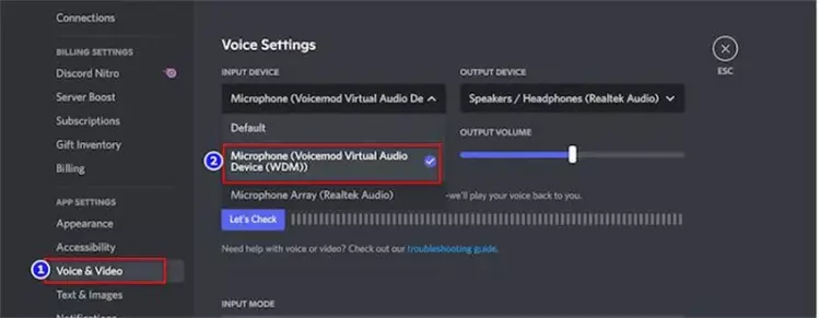 Vérifiez les paramètres audio de Discord pour résoudre le problème de Voicemod qui ne fonctionne pas sur Discord.