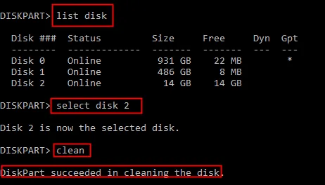 use diskpart clean to remove files