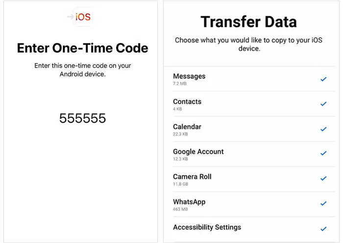 sélectionner les types de données et transférer les données Android vers l'iPad