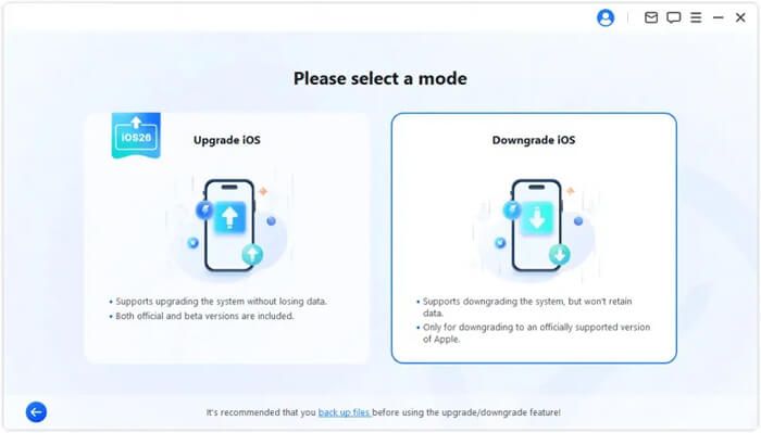 Selecione a opção de downgrade do iOS na interface principal.