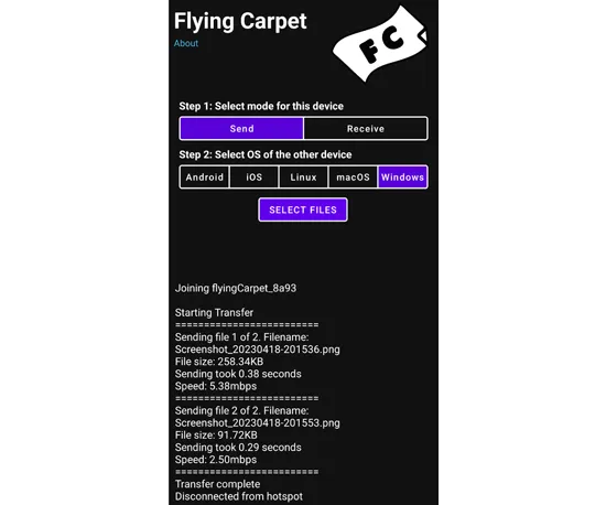 Utilisez l'application Flyingcarpet pour le transfert de photos Android