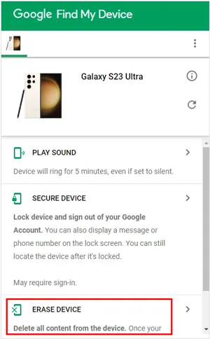 usa Google Trova il mio dispositivo per cancellare tutti i dati sul telefono Samsung