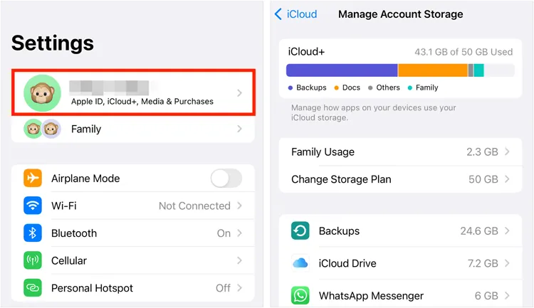 Проверьте хранилище iCloud на iPhone, если заметки не синхронизируются.