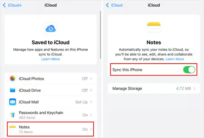 убедитесь, что заметки синхронизированы с iCloud