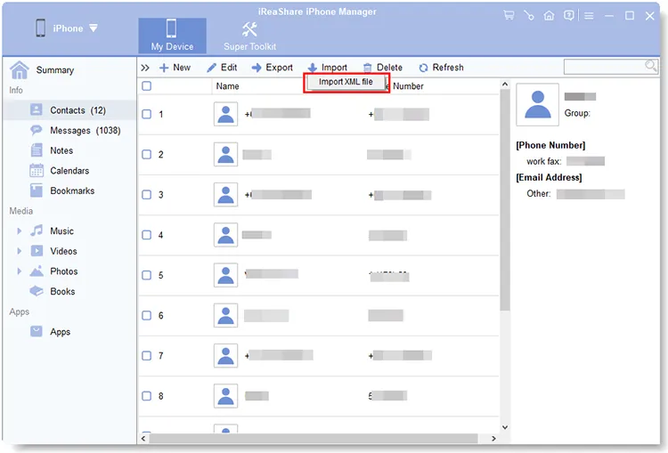 import contacts from xml to iphone
