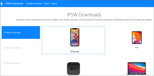 Selecione o modelo do seu iPhone no arquivo IPSW.