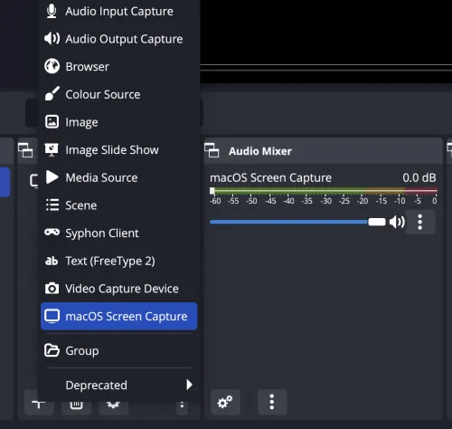 Elige la captura de pantalla de macOS en Obs Studio