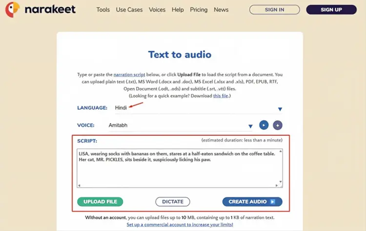 Narakeet hindi text to speech