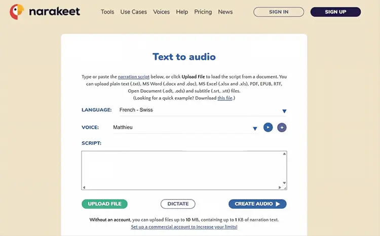 Site web de synthèse vocale française Narakeet