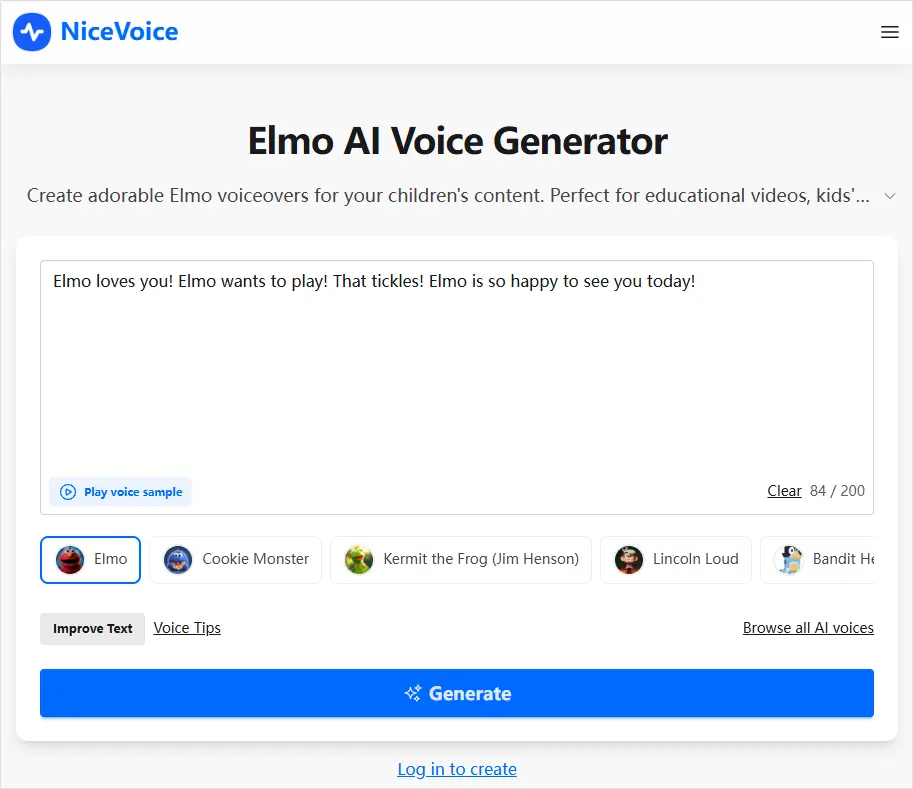 gerador de voz do Elmo nicevoice
