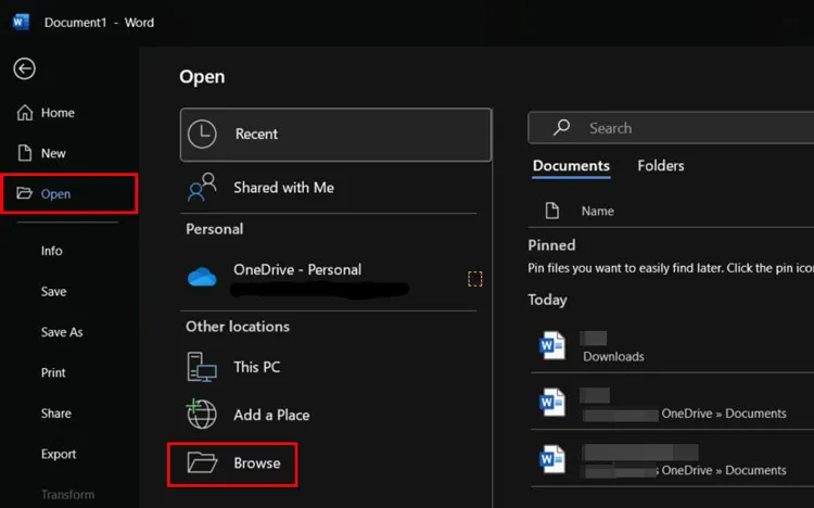 apri l'app Word e sfoglia il file