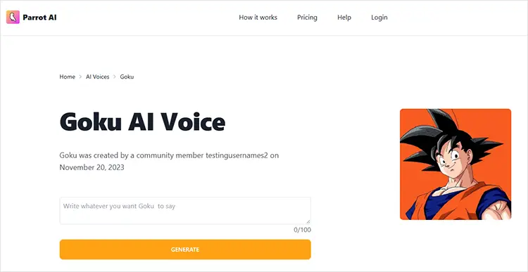 Parrot AI Goku : synthèse vocale