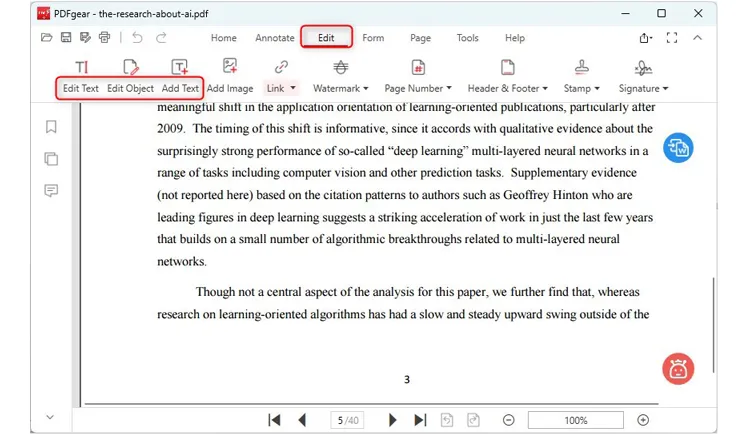 Utiliza PDFGear para editar un archivo PDF en un ordenador.