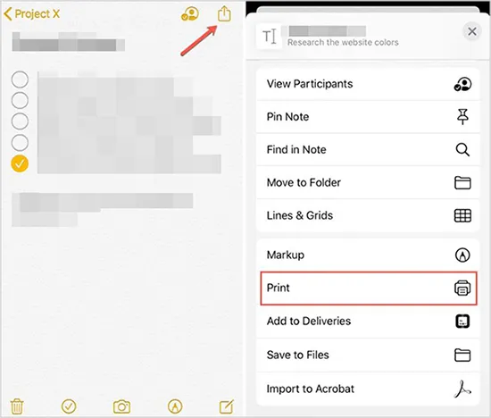 copy messages to notes app and print notes on iphone