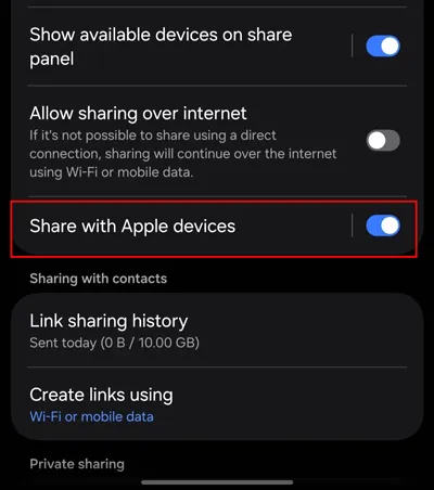 在安卓设备上启用快速共享功能，并与苹果设备共享文件。