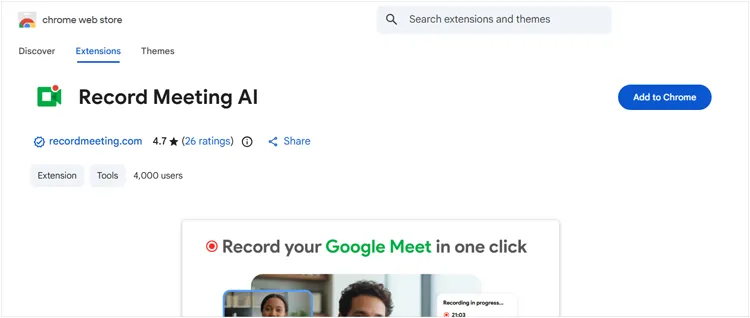 在 Chrome 浏览器中添加会议录制 AI 扩展程序