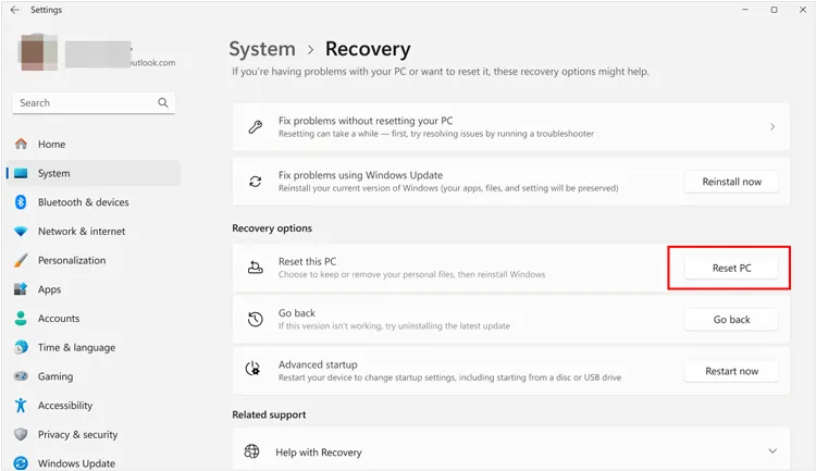 Удалите все данные после переустановки Windows 11 путем перезагрузки компьютера.