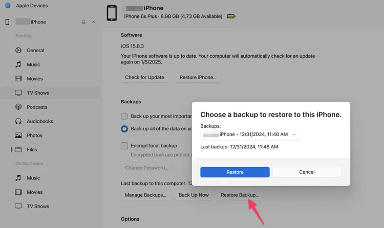 Restaurar backup para iPhone com o aplicativo de dispositivos Apple
