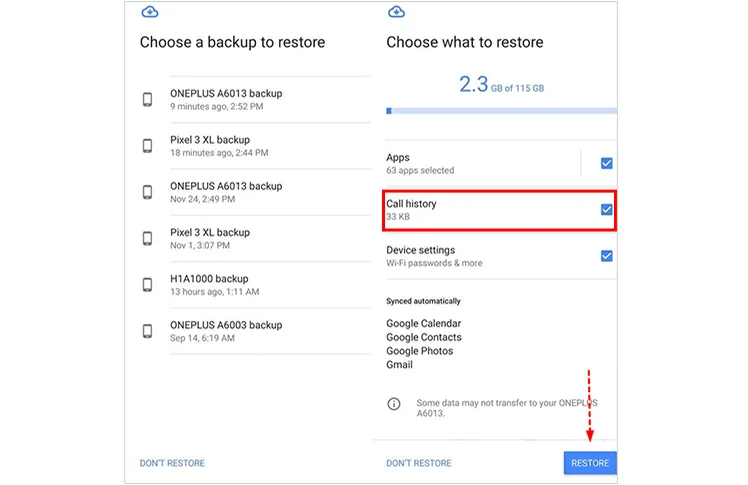 transfer call history with google account