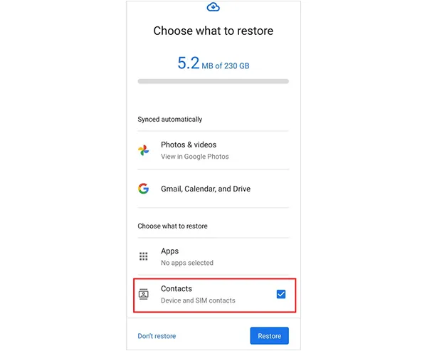 ripristinare i contatti dal backup di Google su Android