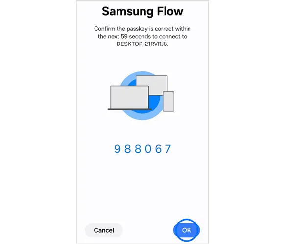 Confirmez le code d'accès sur Samsung Flow pour jumeler les deux appareils.