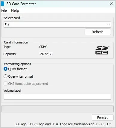 Use o formatador de cartão de memória SD para formatar um cartão SD.