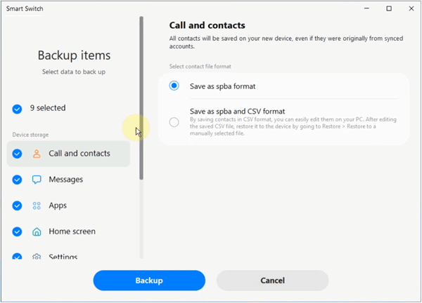 back up contacts with smart switch