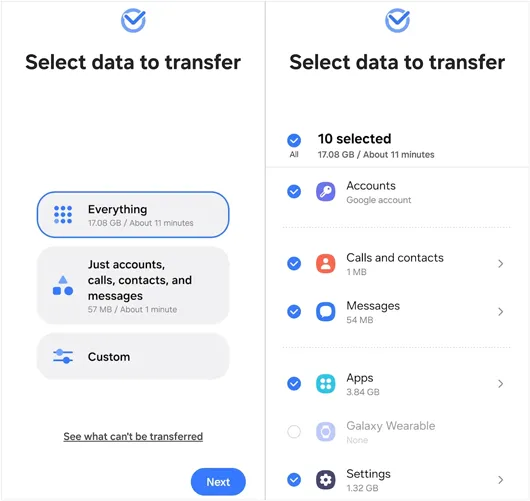 selecionar e transferir tipos de dados