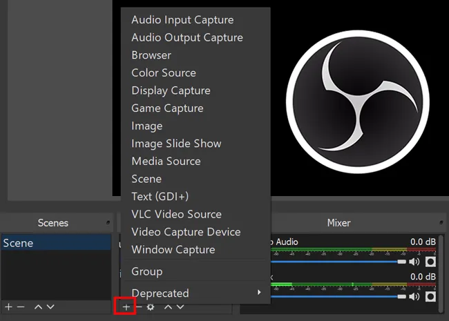 Escolha a captura de jogo no OBS Studio.