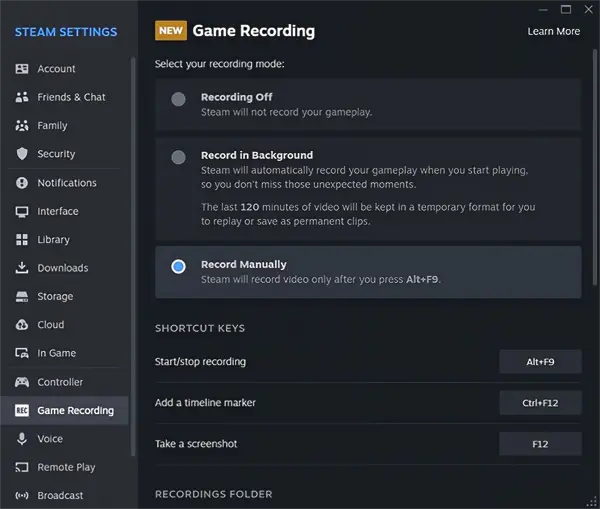 通过 Steam 游戏录制功能在 Steam 上进行录制