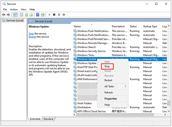 pare a atualização do Windows e exclua arquivos