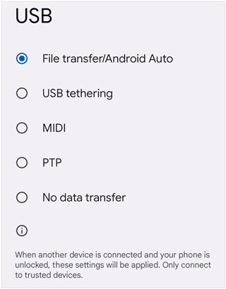 choose file transfer on android
