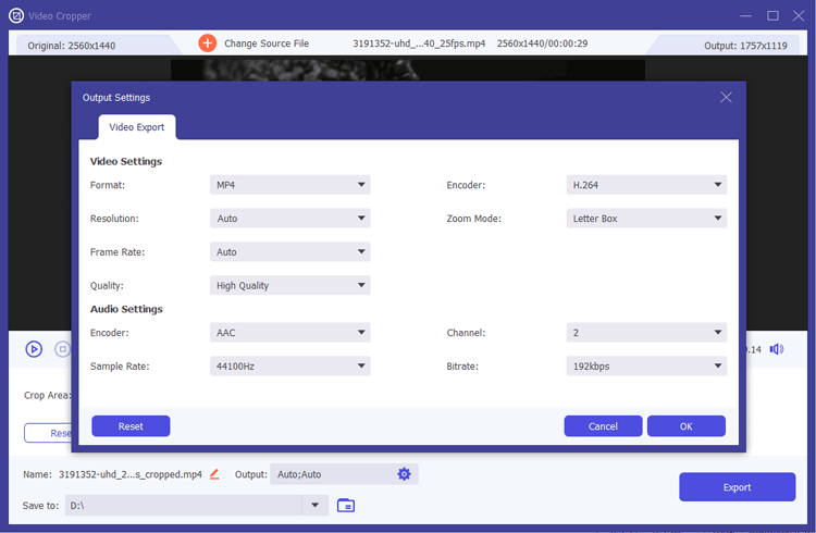 output settings of video cropper