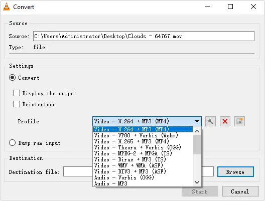Выберите формат файла, а затем сожмите видео с помощью VLC.