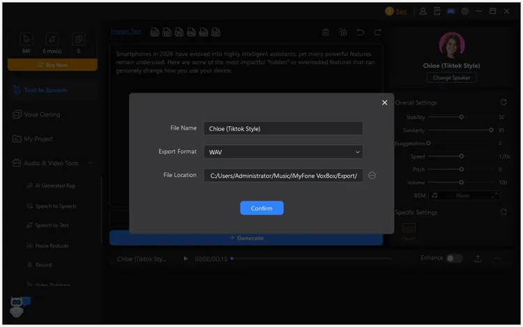 generar y exportar el archivo de voz