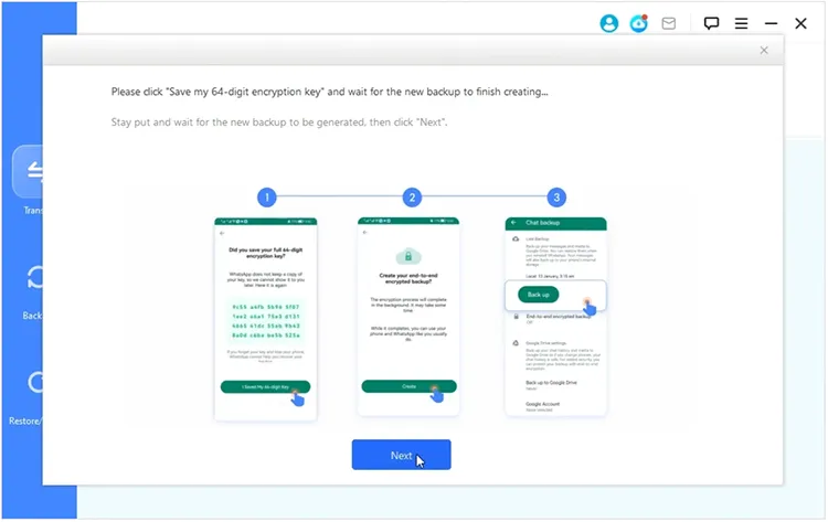 點擊下一個圖示開始將 Whatsapp 從 Android 傳輸到 iOS