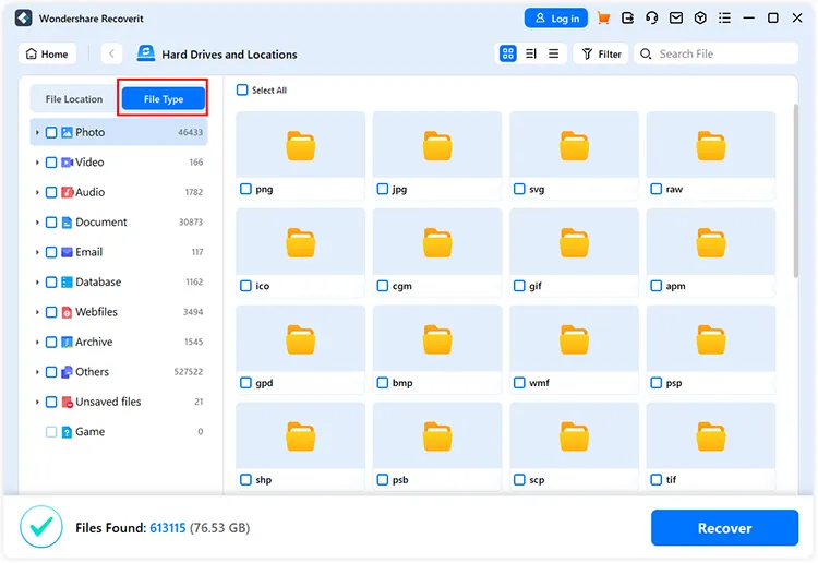 display files by category