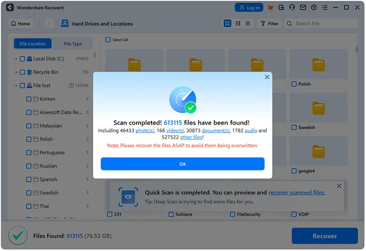 list all the files after scanning